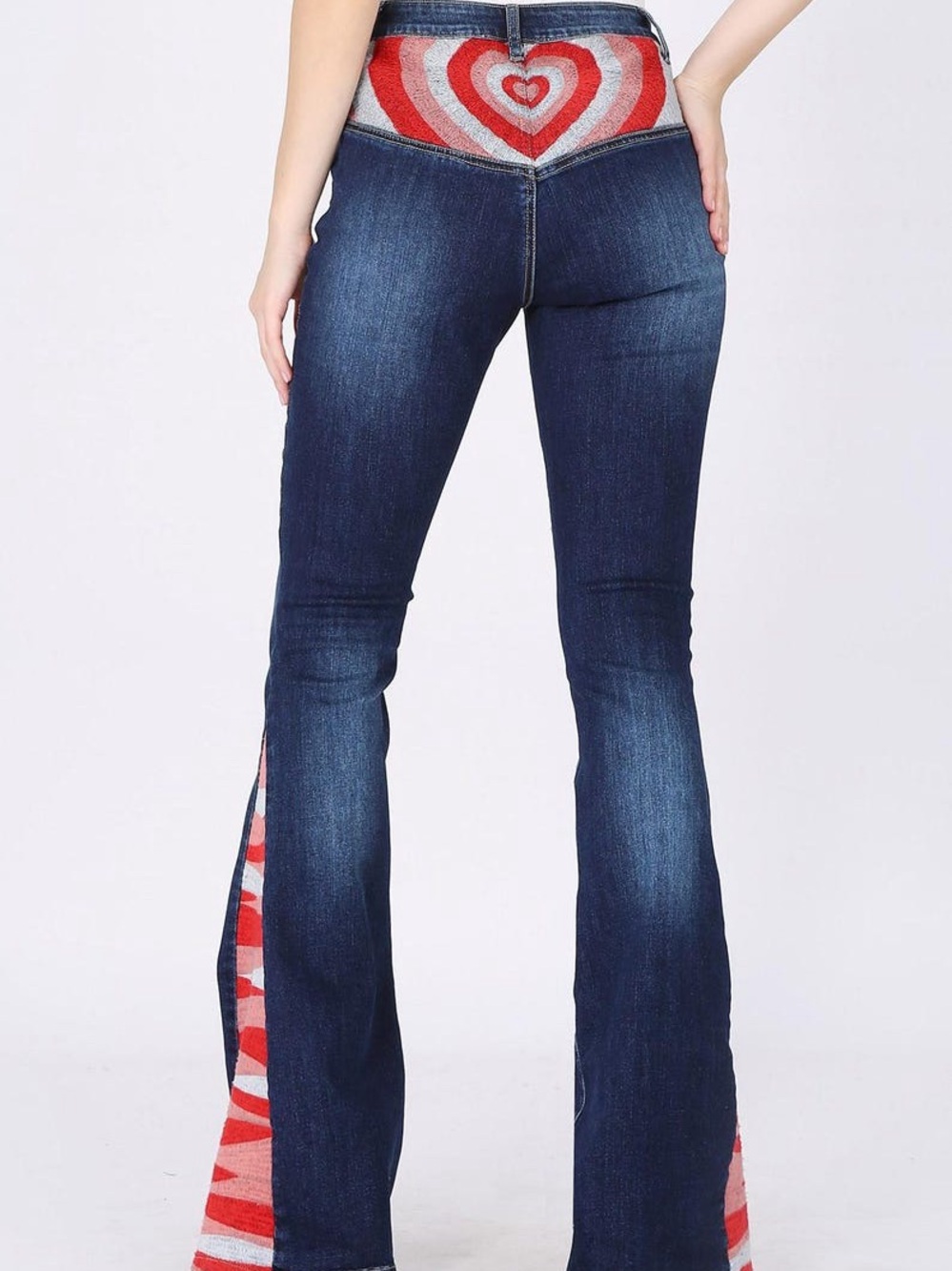 Boho Dark Wash Flare Jeans with Red Heart Back Accent